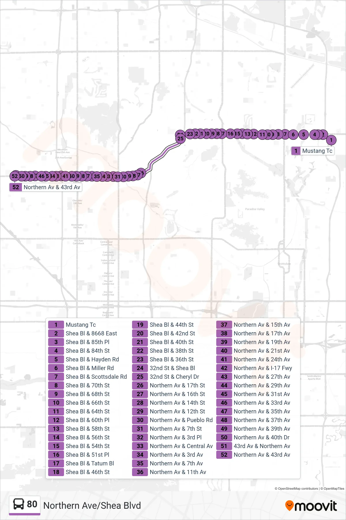 80 bus Line (43rd Ave+Northern) route and stops on a map
