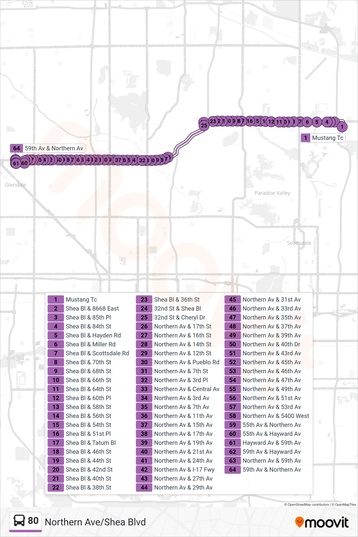 80 bus Line (59th Ave+Northern) route and stops on a map