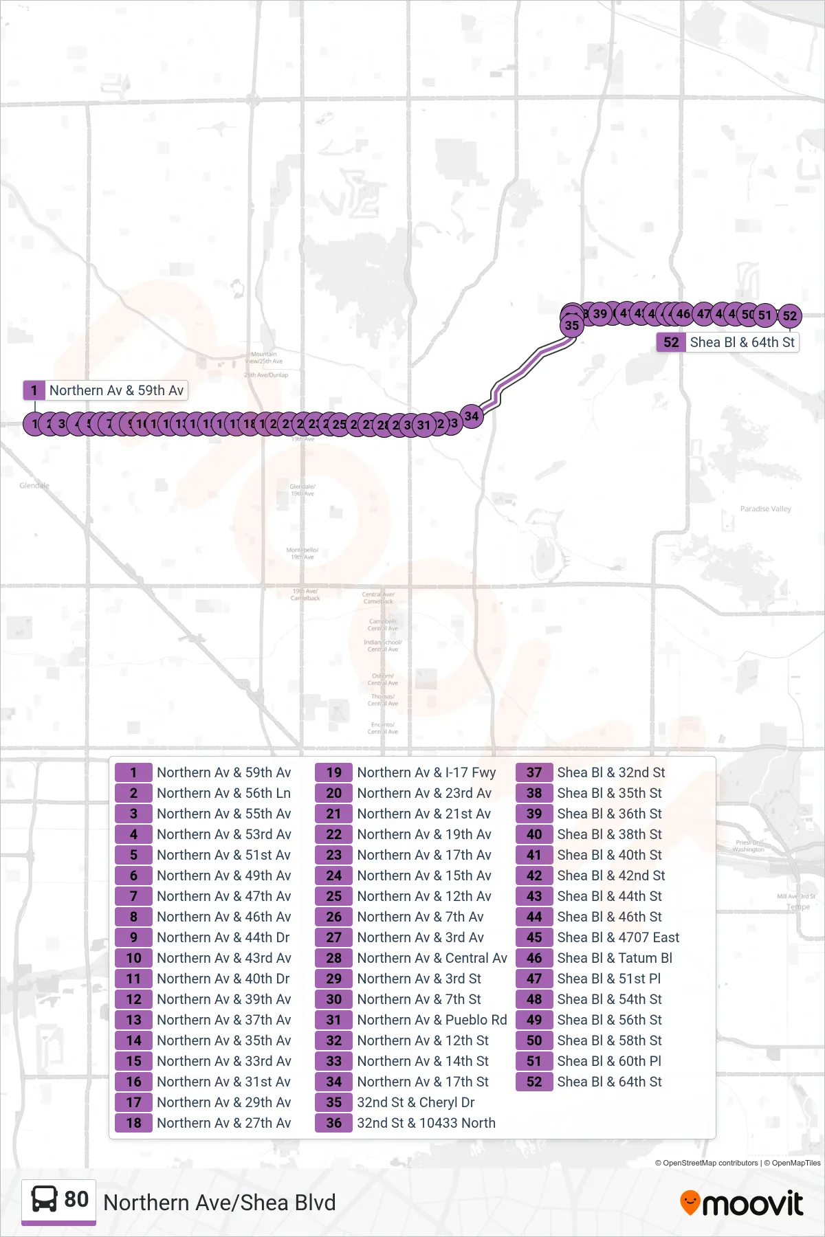 80 bus Line (64th St+Shea) route and stops on a map