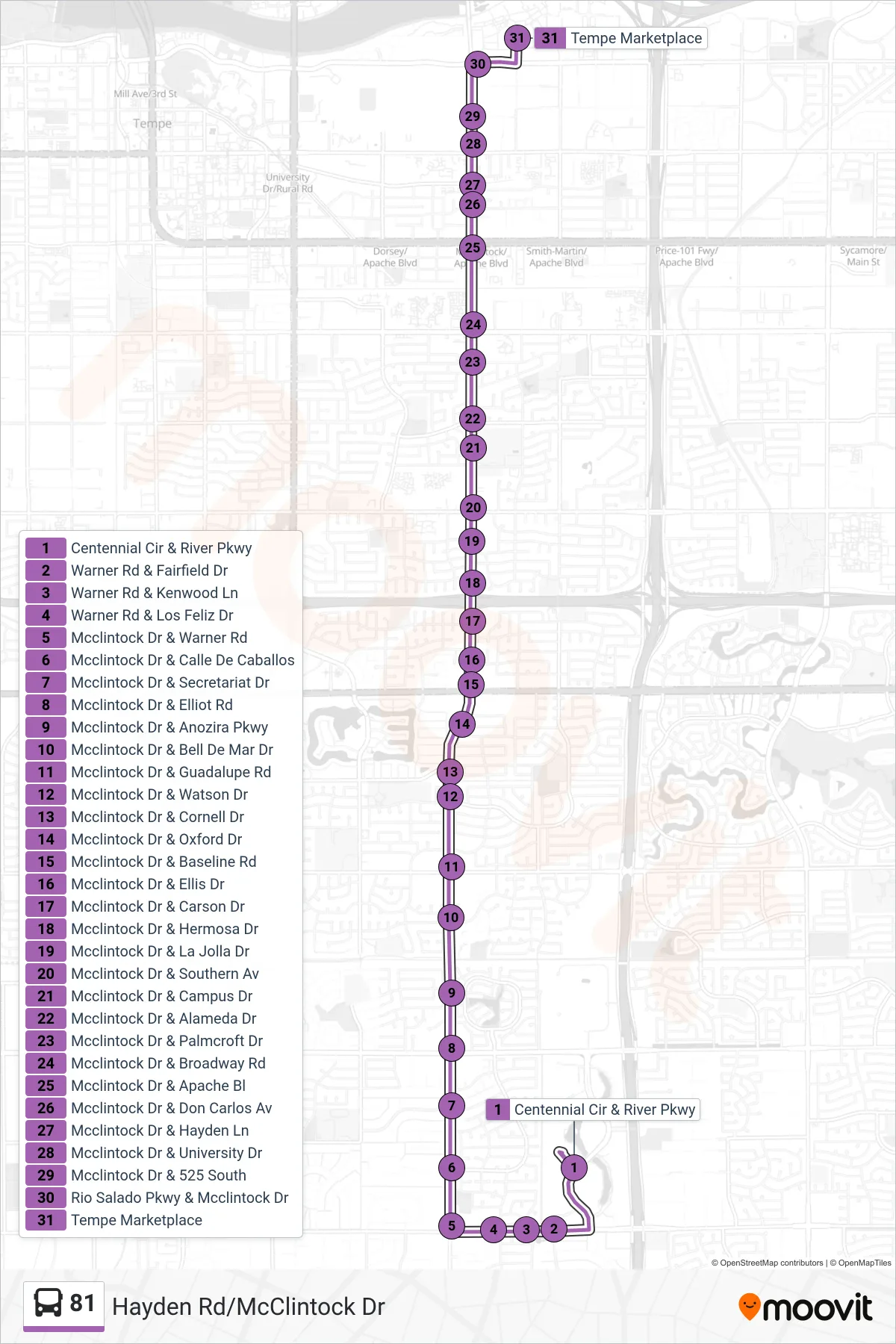 81 bus Line (Tempe Marketplace) route and stops on a map