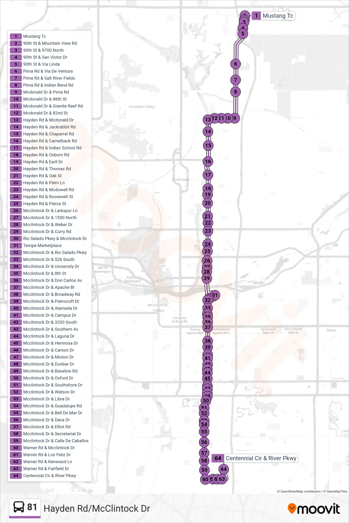 81 bus Line (Asu Research Park) route and stops on a map