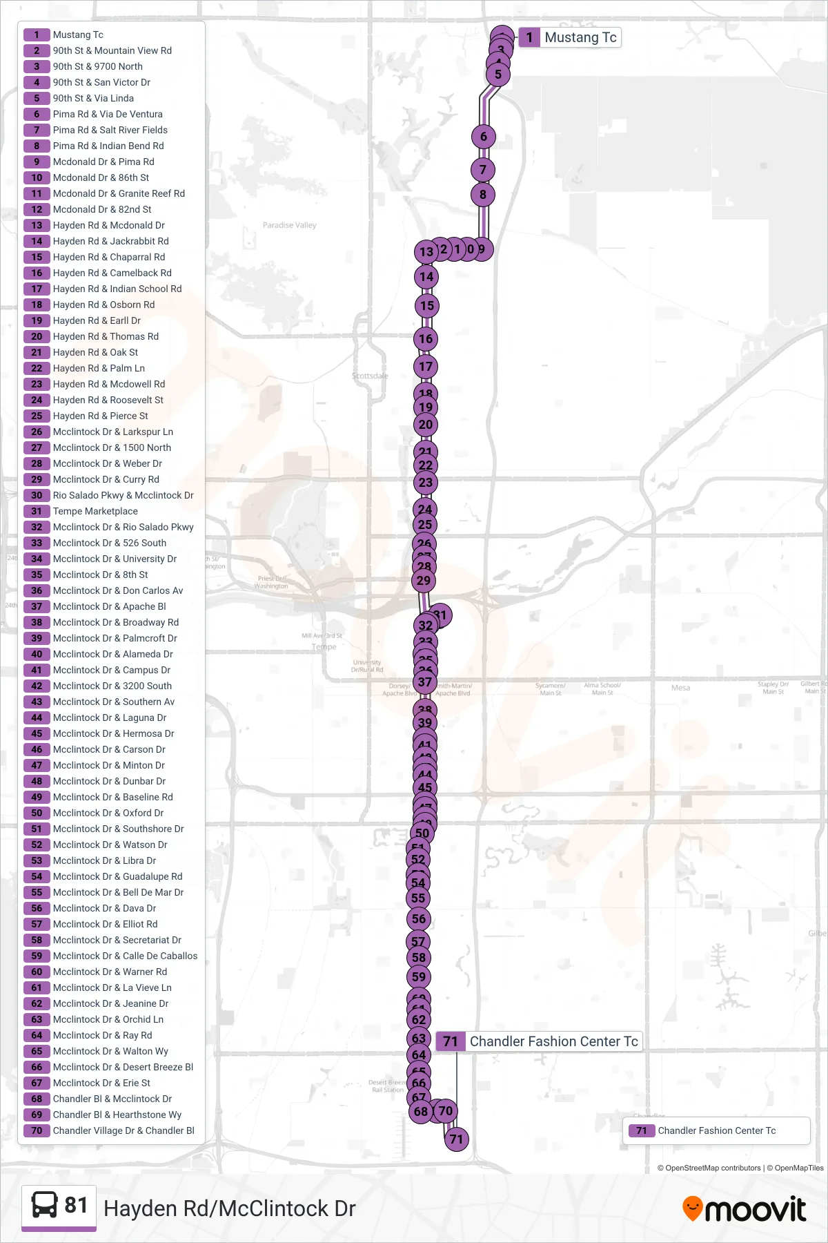 81 bus Line (Chandler Fashion Ctr) route and stops on a map