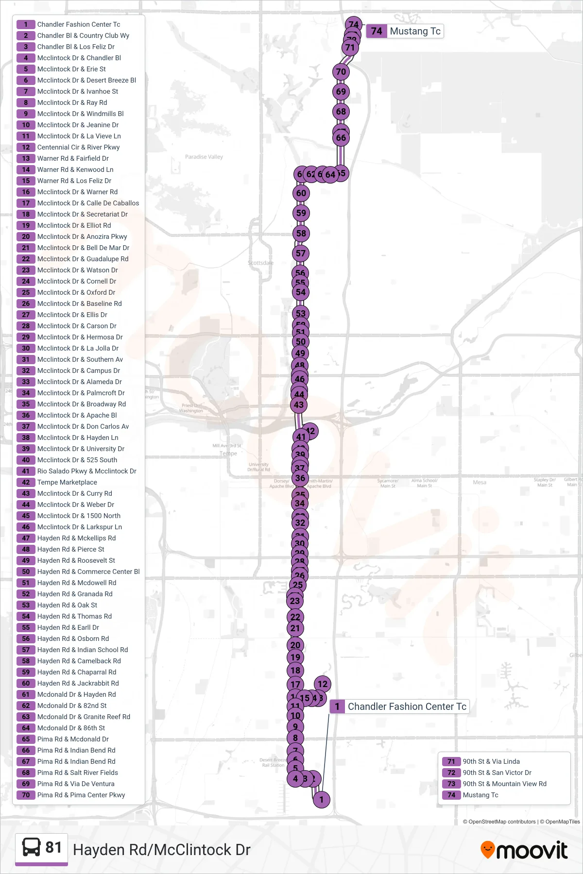 81 bus Line (Mustang Transit Ctr) route and stops on a map