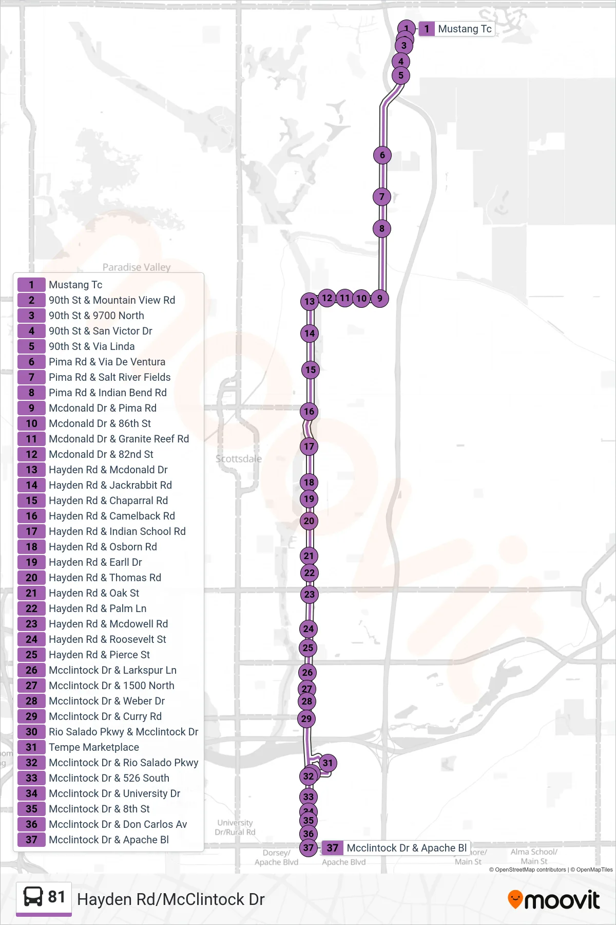 81 bus Line (Apache Bl+Mcclintock) route and stops on a map