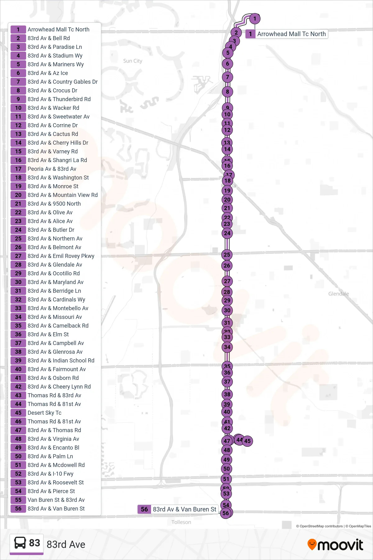 83 bus Line (Van Buren+83rd Ave) route and stops on a map
