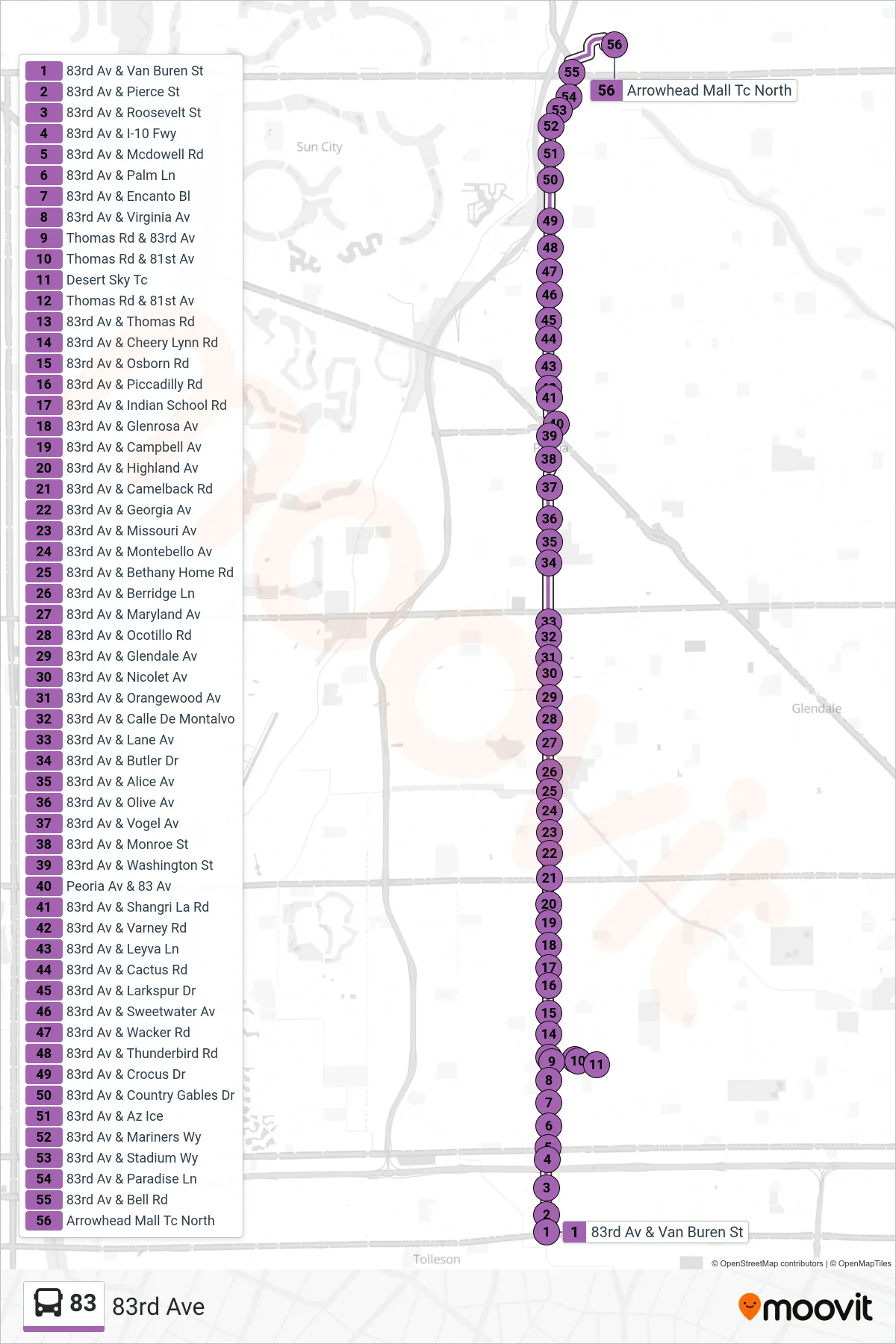 83 bus Line (Arrowhead Ctr) route and stops on a map