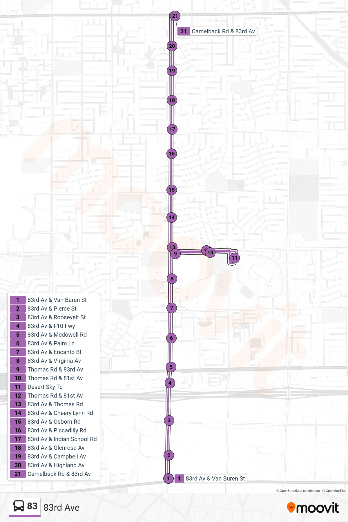 83 bus Line (Camelback+83rd Ave) route and stops on a map