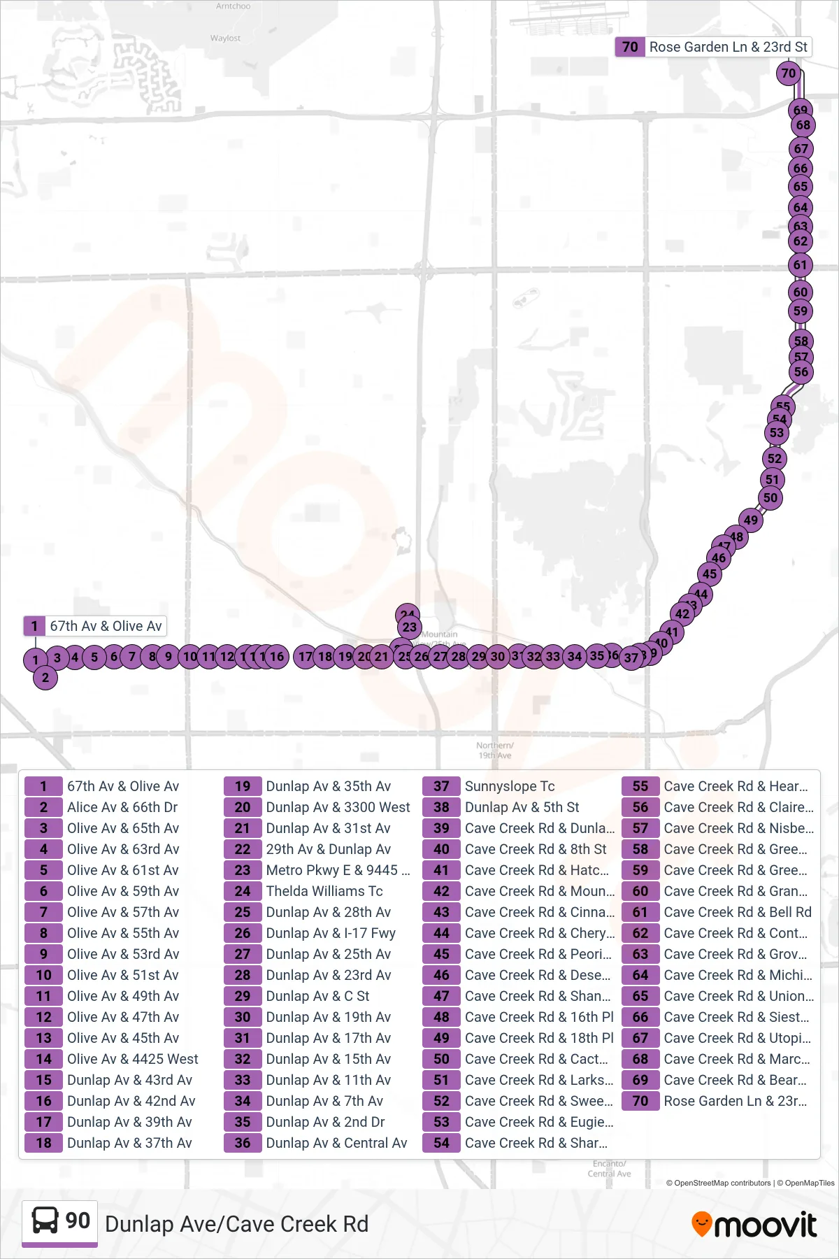 90 bus Line (Rose Garden+Cave Crk) route and stops on a map