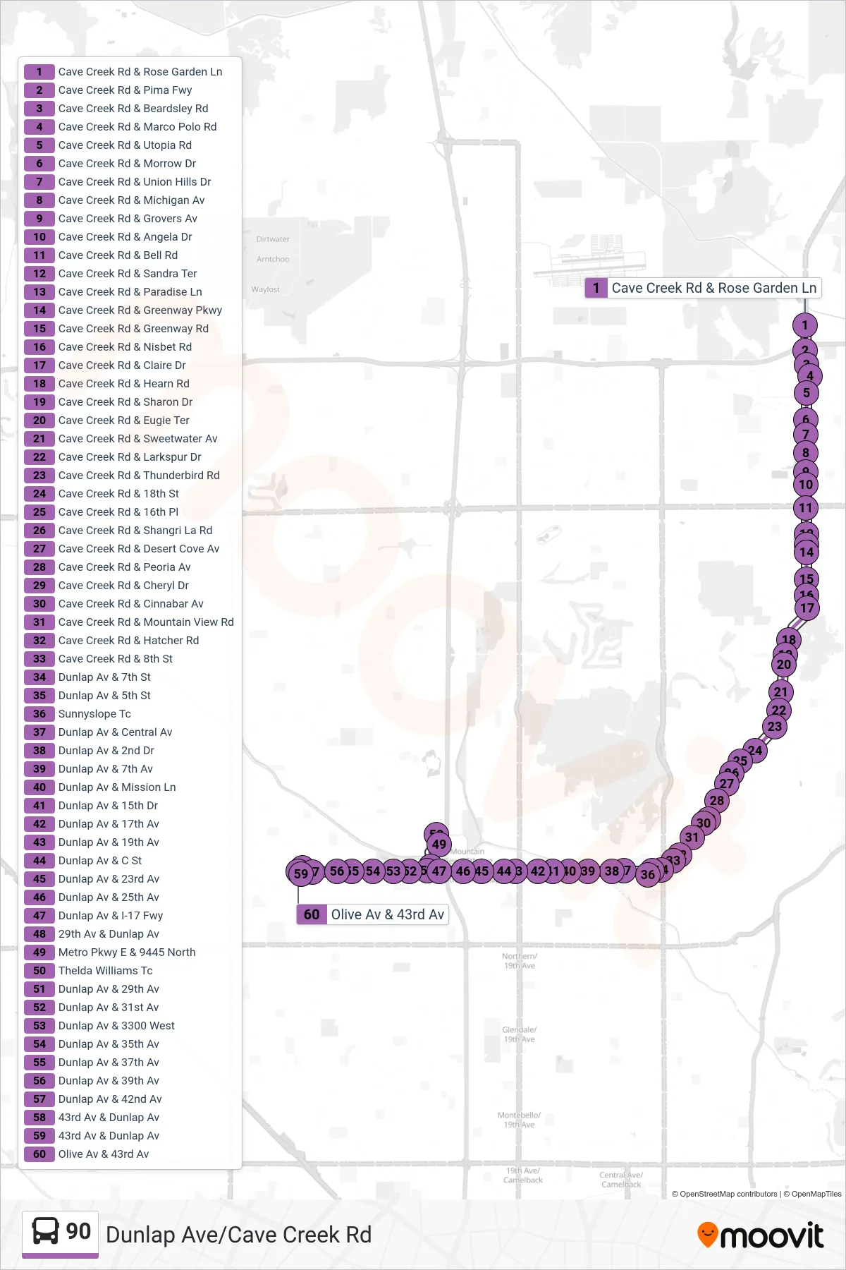 90 bus Line (43rd Ave+Dunlap) route and stops on a map