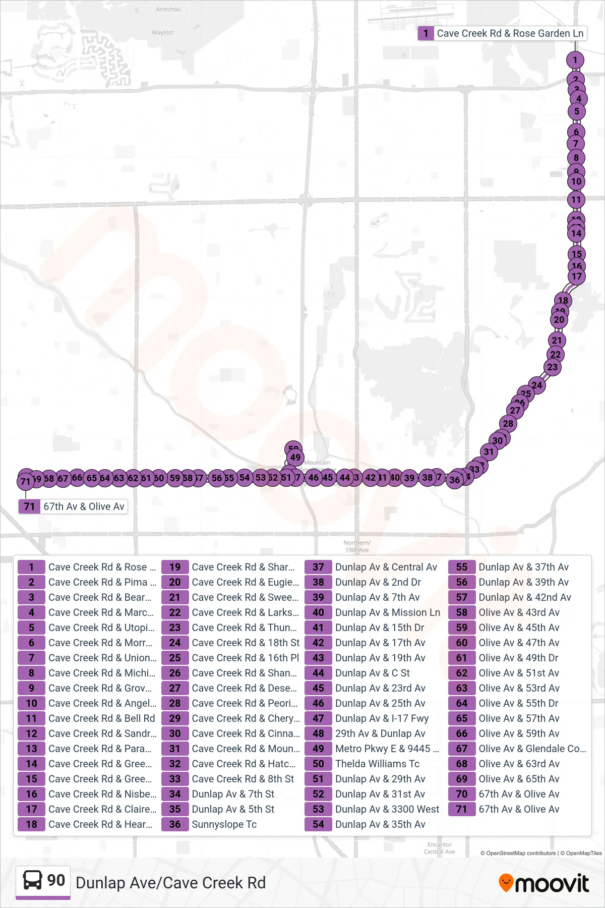 90 bus Line (67th Ave+Olive) route and stops on a map