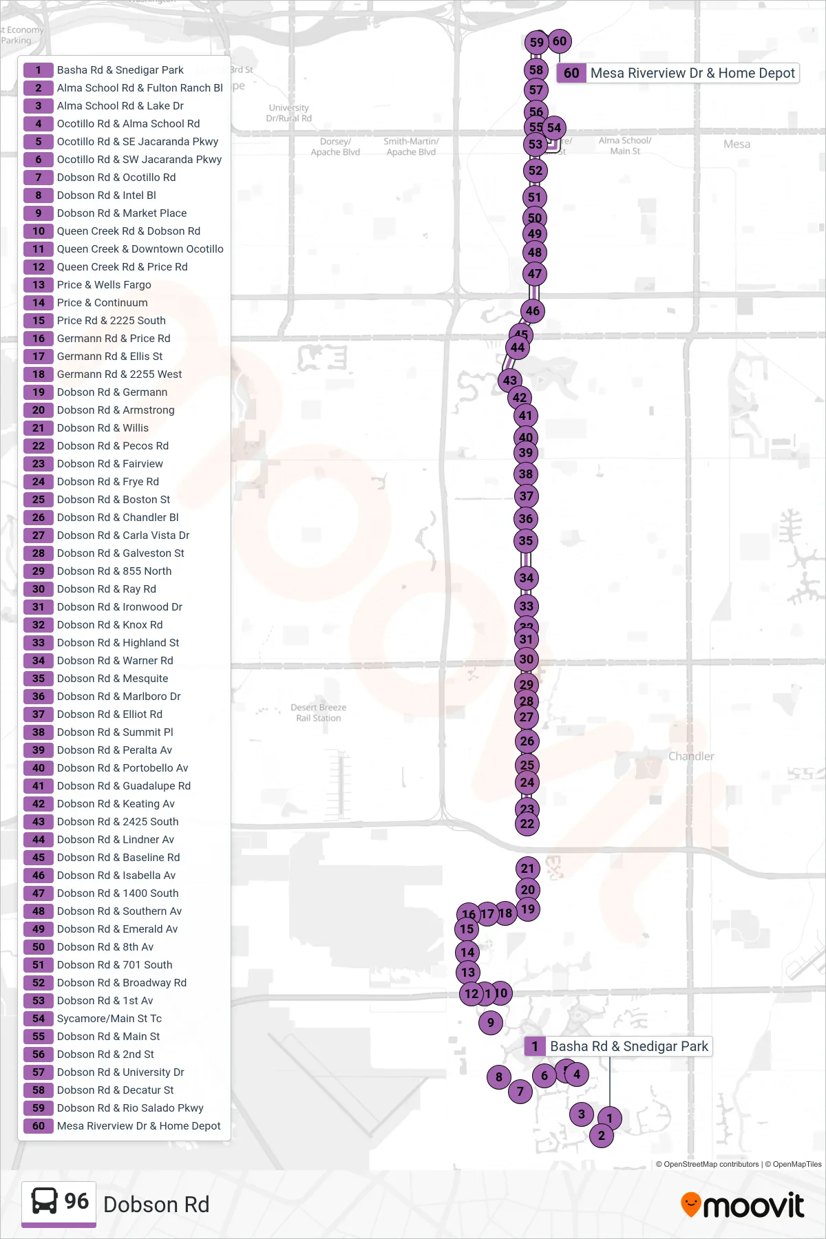 96 bus Line (Mesa Riverview) route and stops on a map