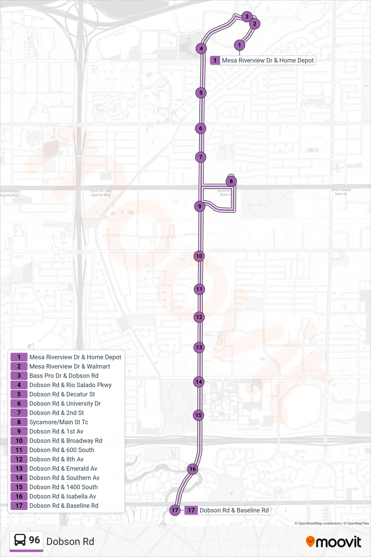 96 bus Line (Baseline+Dobson) route and stops on a map