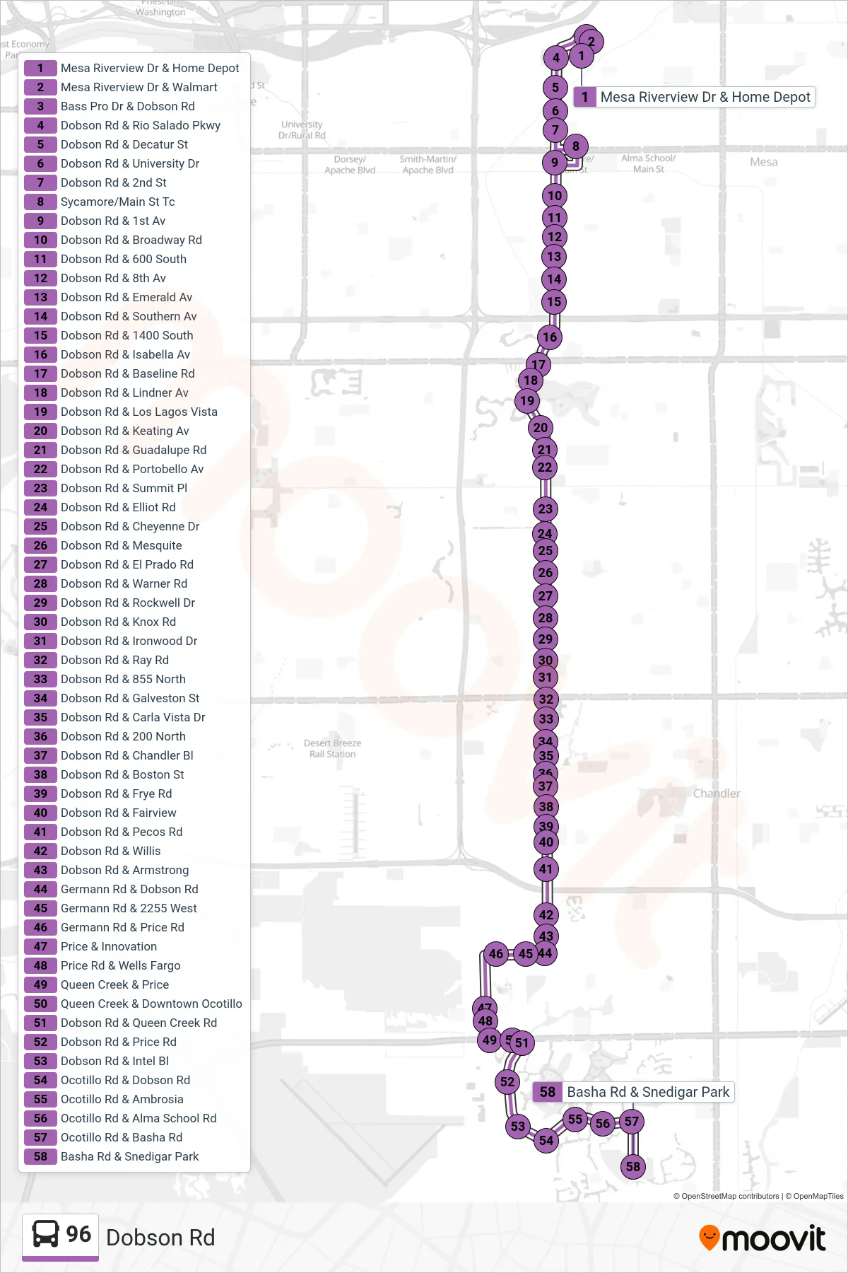 96 bus Line (Fulton Ranch+Basha) route and stops on a map