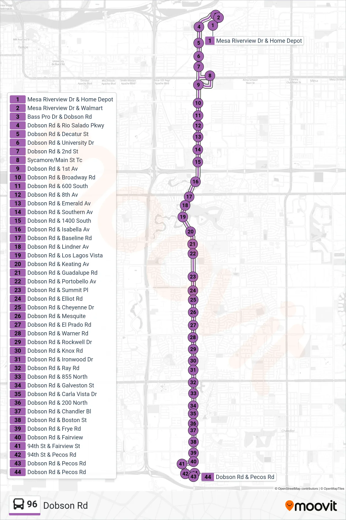 96 bus Line (Pecos+Dobson) route and stops on a map