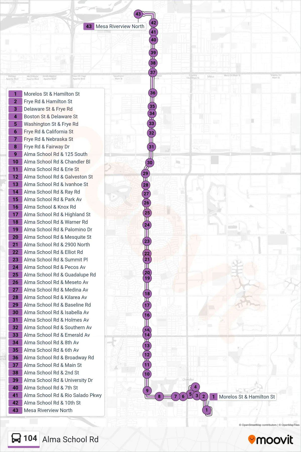 104 bus Line (Mesa Riverview) route and stops on a map