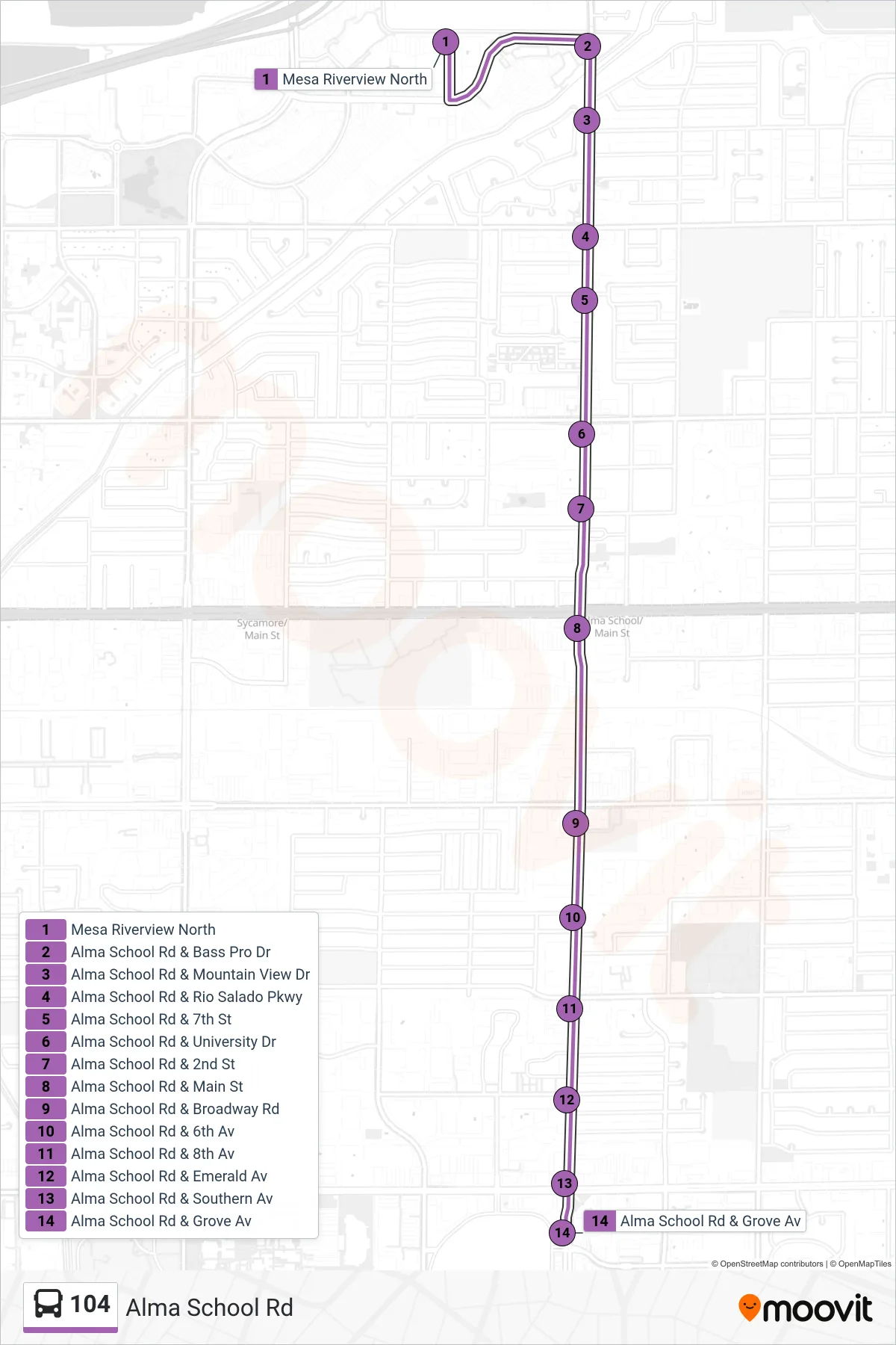 104 bus Line (Southern+Alma Schl) route and stops on a map