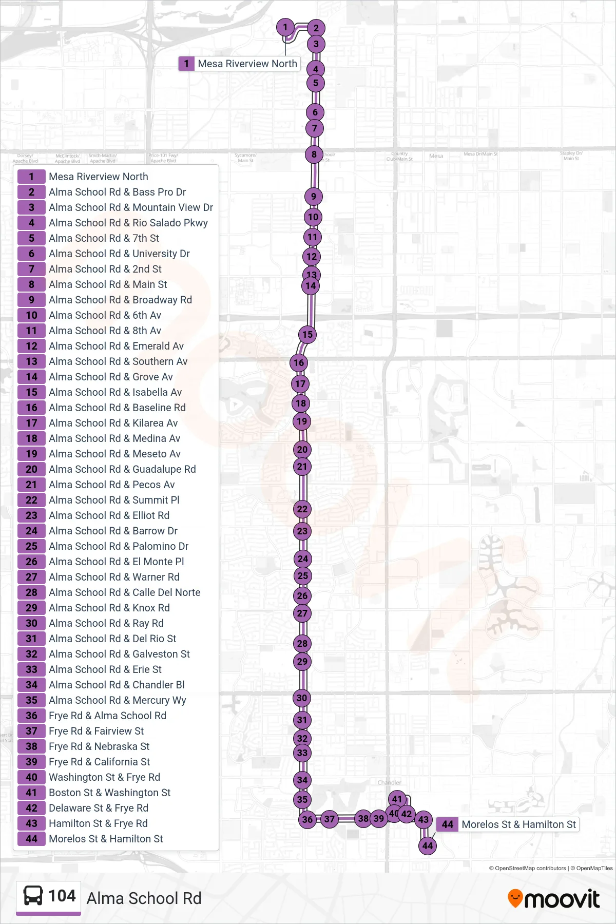 104 bus Line (Hamilton+Morelos) route and stops on a map