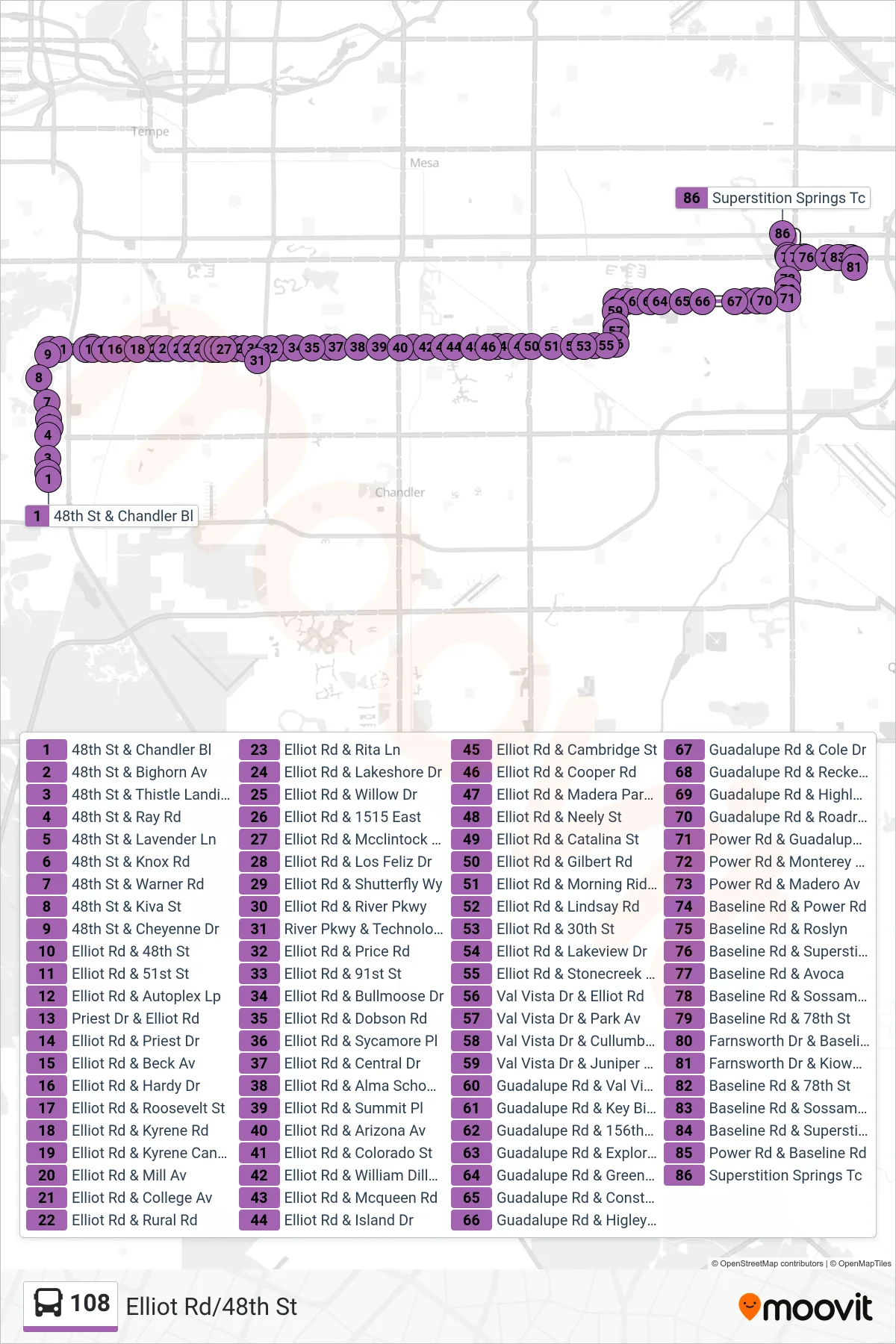 108 bus Line (Eastbound) route and stops on a map