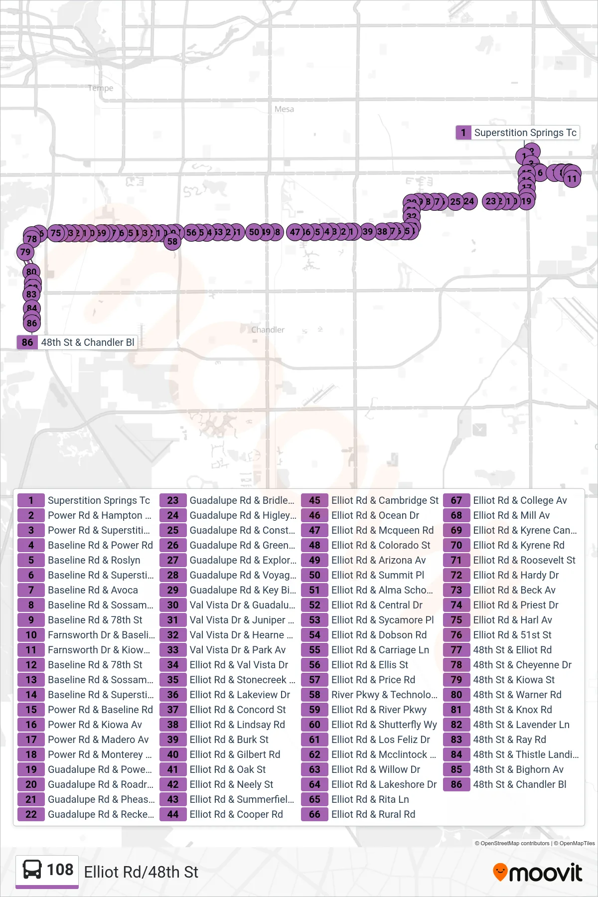 108 bus Line (Westbound) route and stops on a map