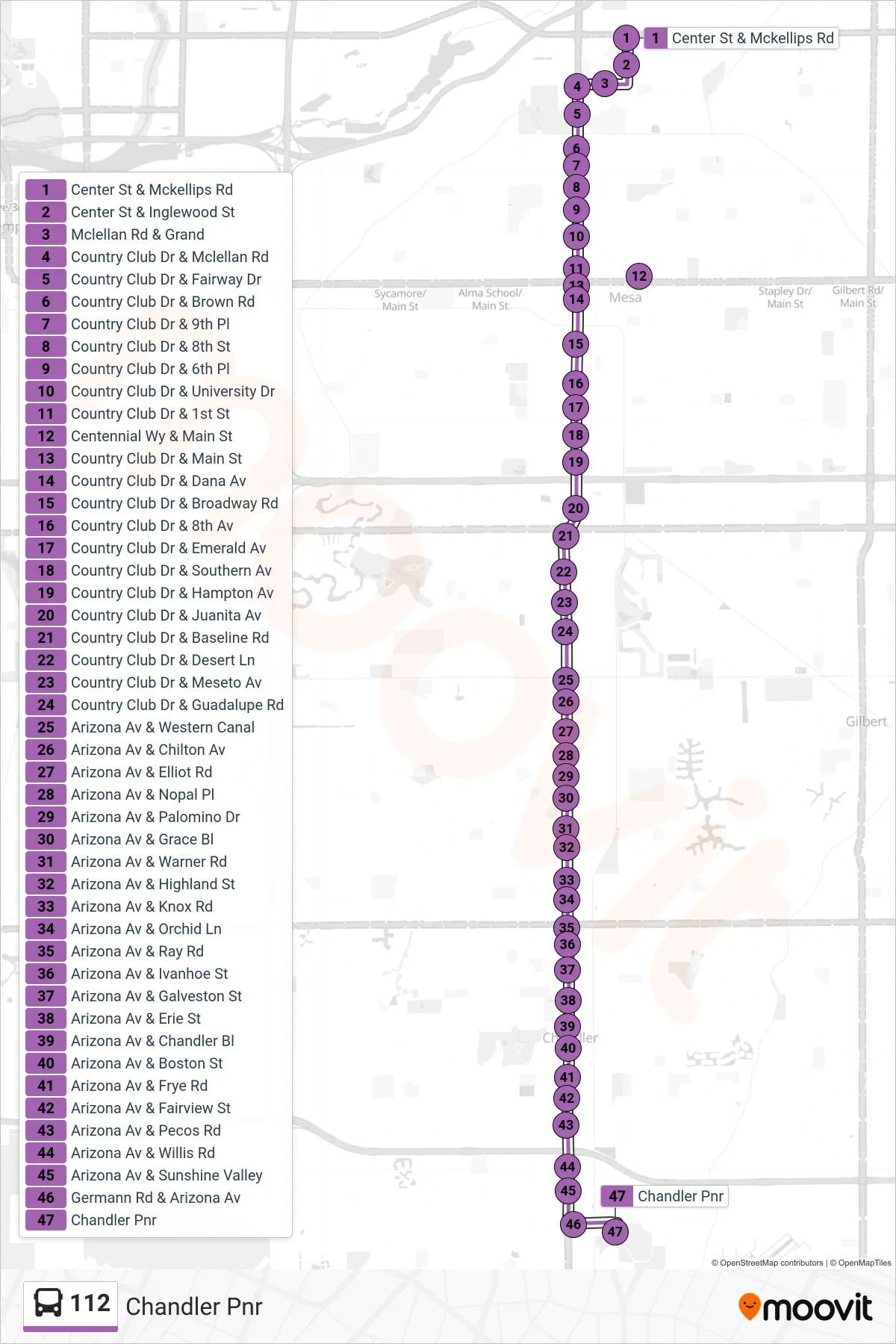 112 bus Line (Chandler Pnr) route and stops on a map