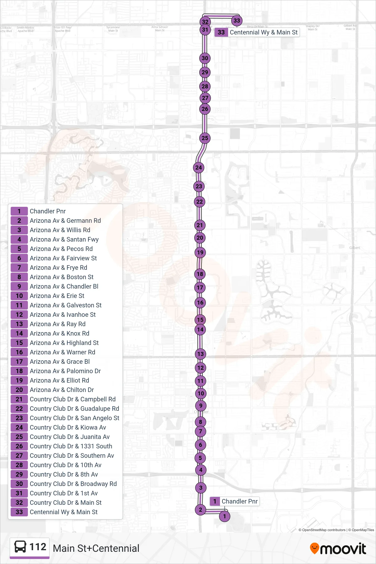 112 bus Line (Main St+Centennial) route and stops on a map