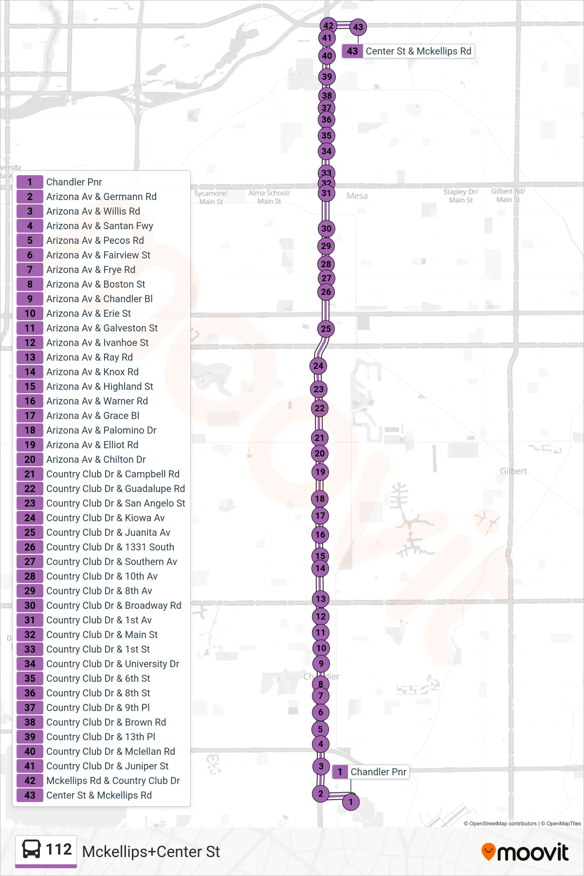 112 bus Line (Mckellips+Center St) route and stops on a map