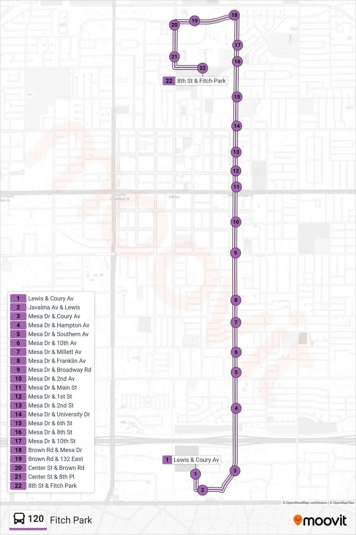 120 bus Line (Fitch Park) route and stops on a map