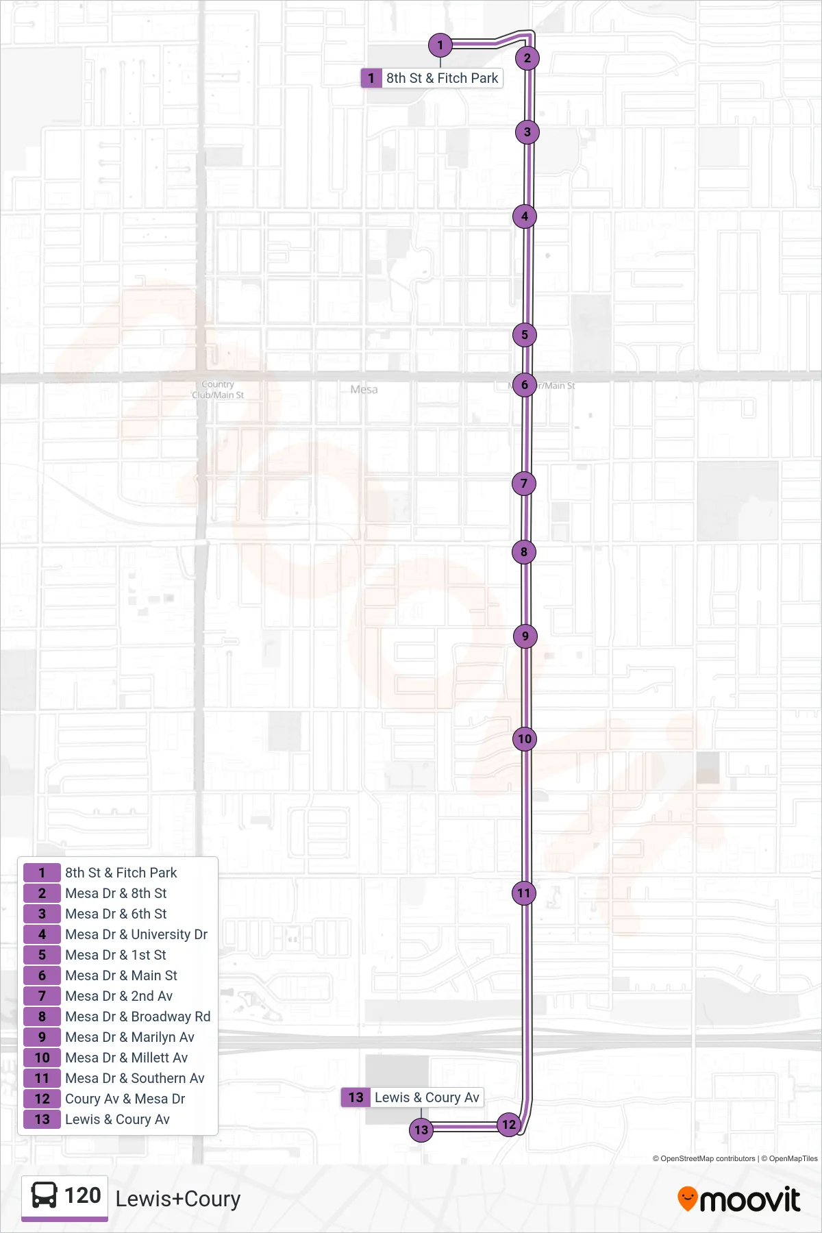120 bus Line (Lewis+Coury) route and stops on a map