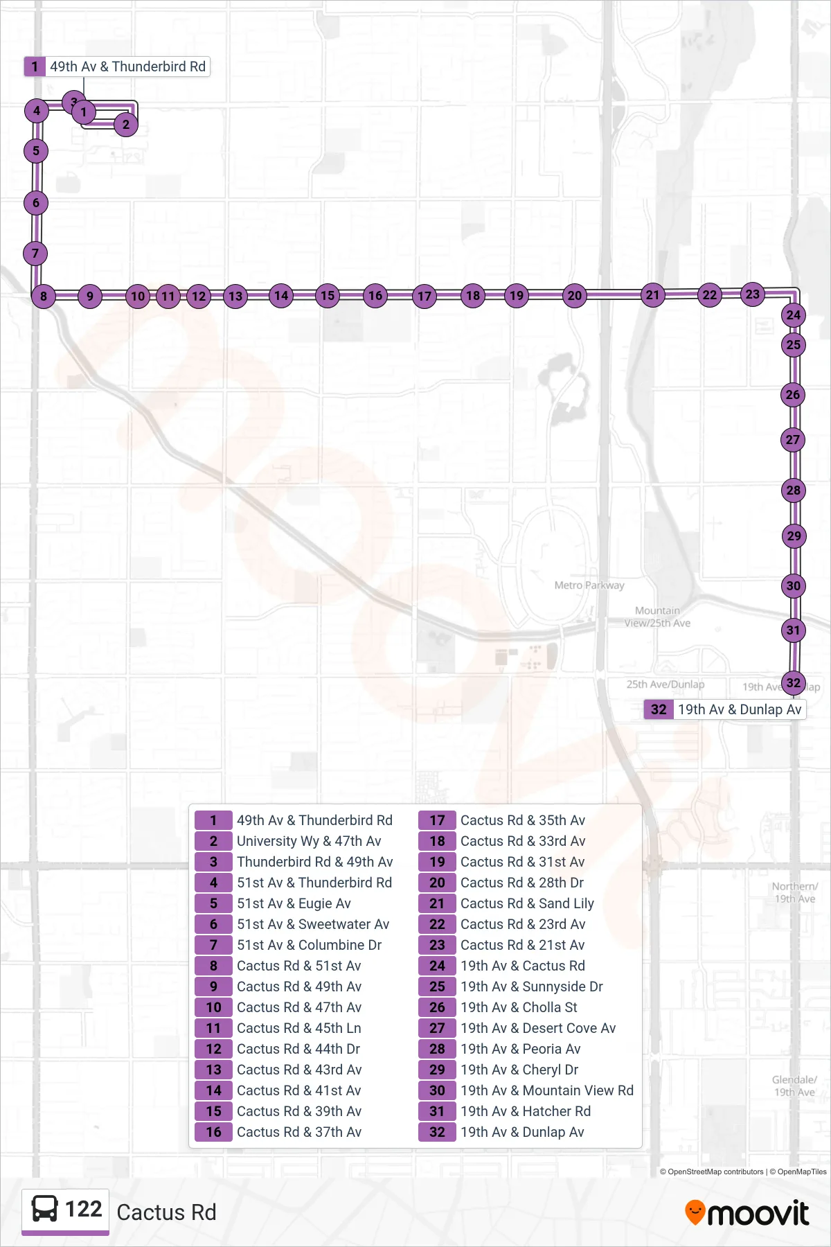 122 bus Line (19th Ave+Dunlap) route and stops on a map