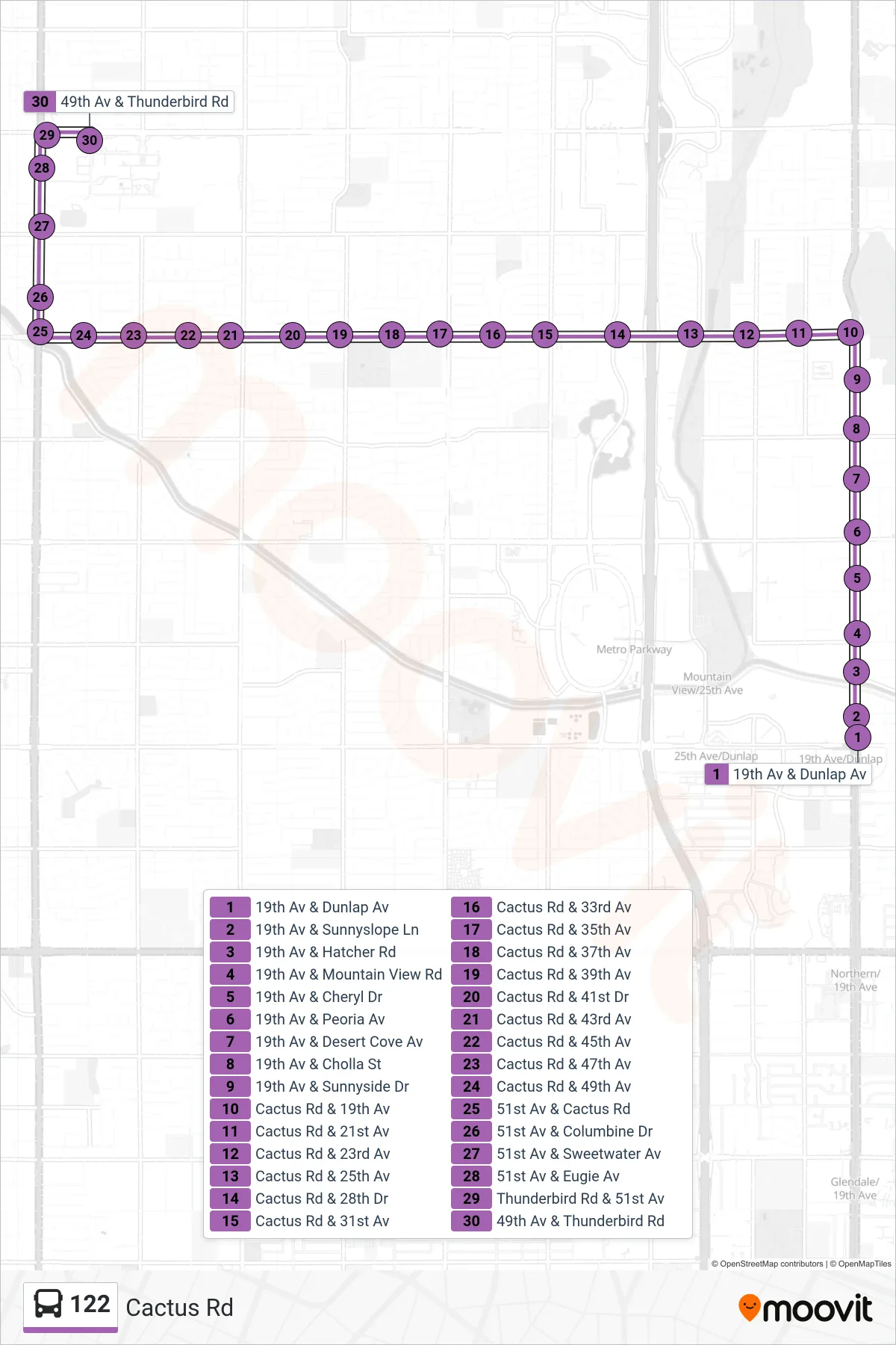 122 bus Line (Asu West) route and stops on a map