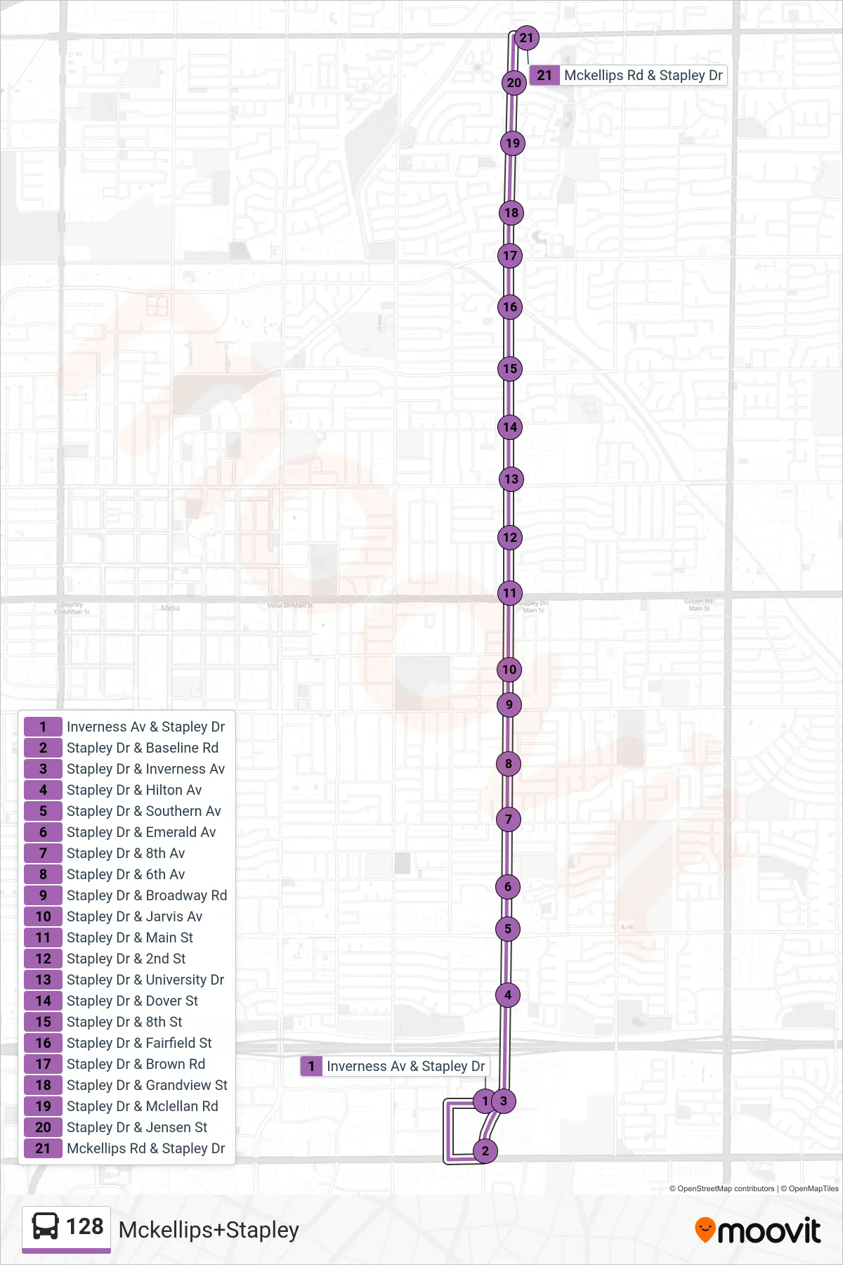 128 bus Line (Mckellips+Stapley) route and stops on a map