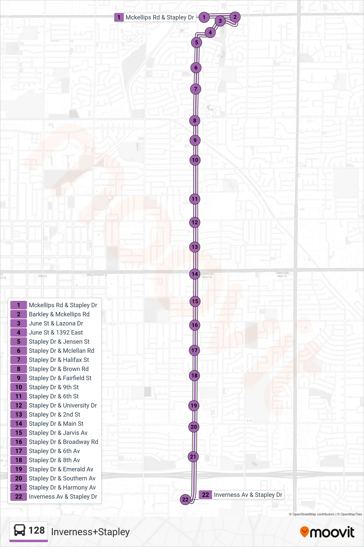 128 bus Line (Inverness+Stapley) route and stops on a map