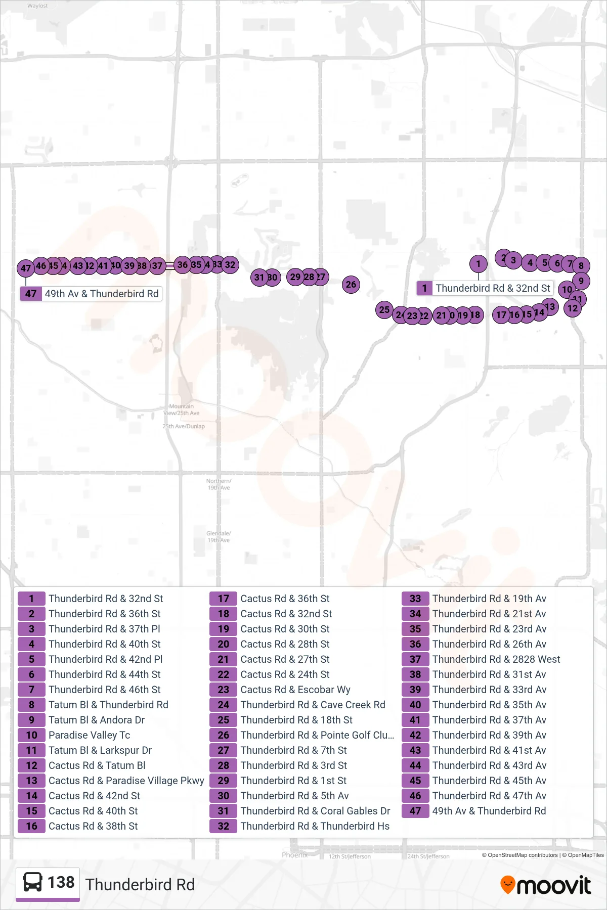 138 bus Line (Asu West) route and stops on a map
