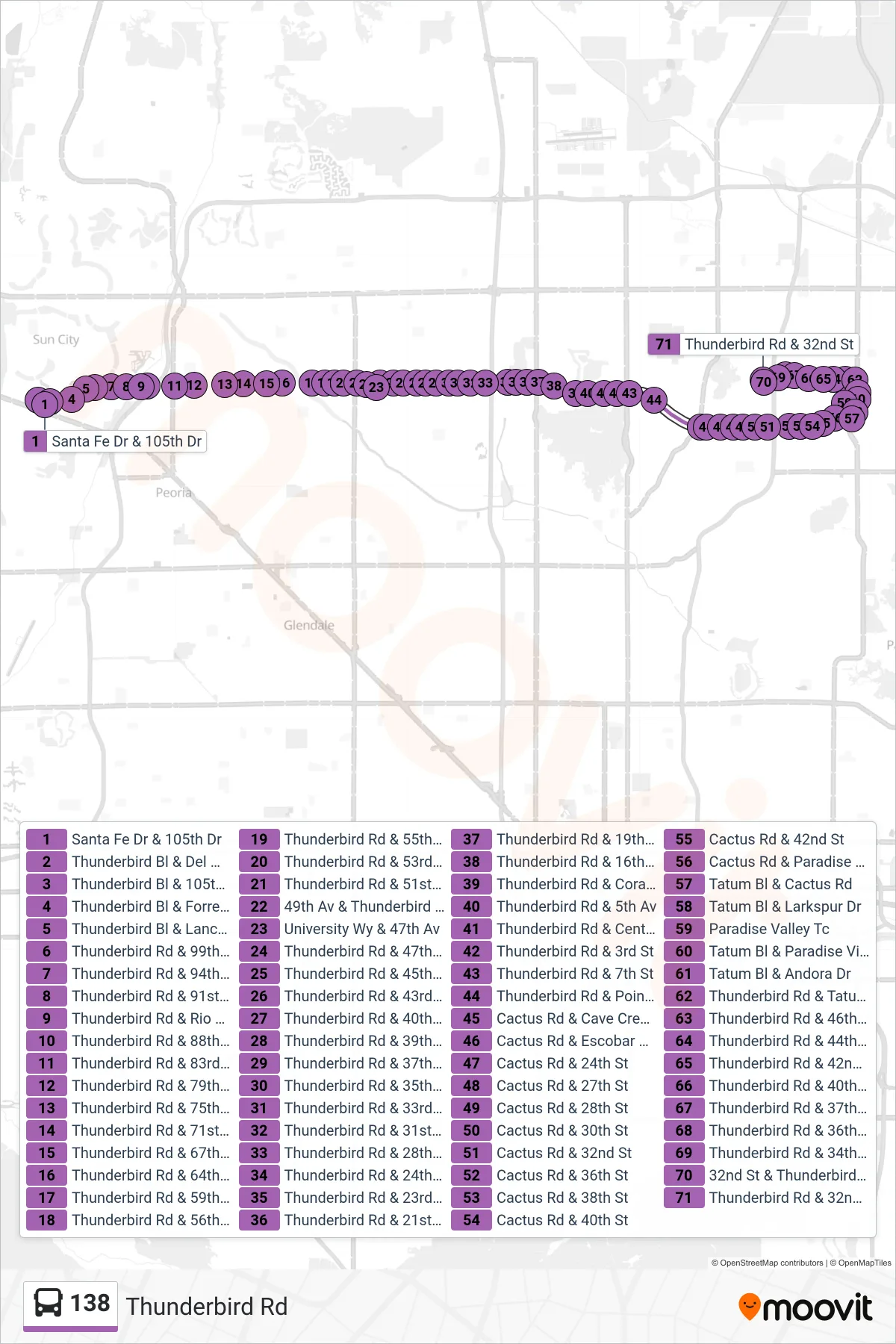 138 bus Line (32nd St+Thunderbird) route and stops on a map