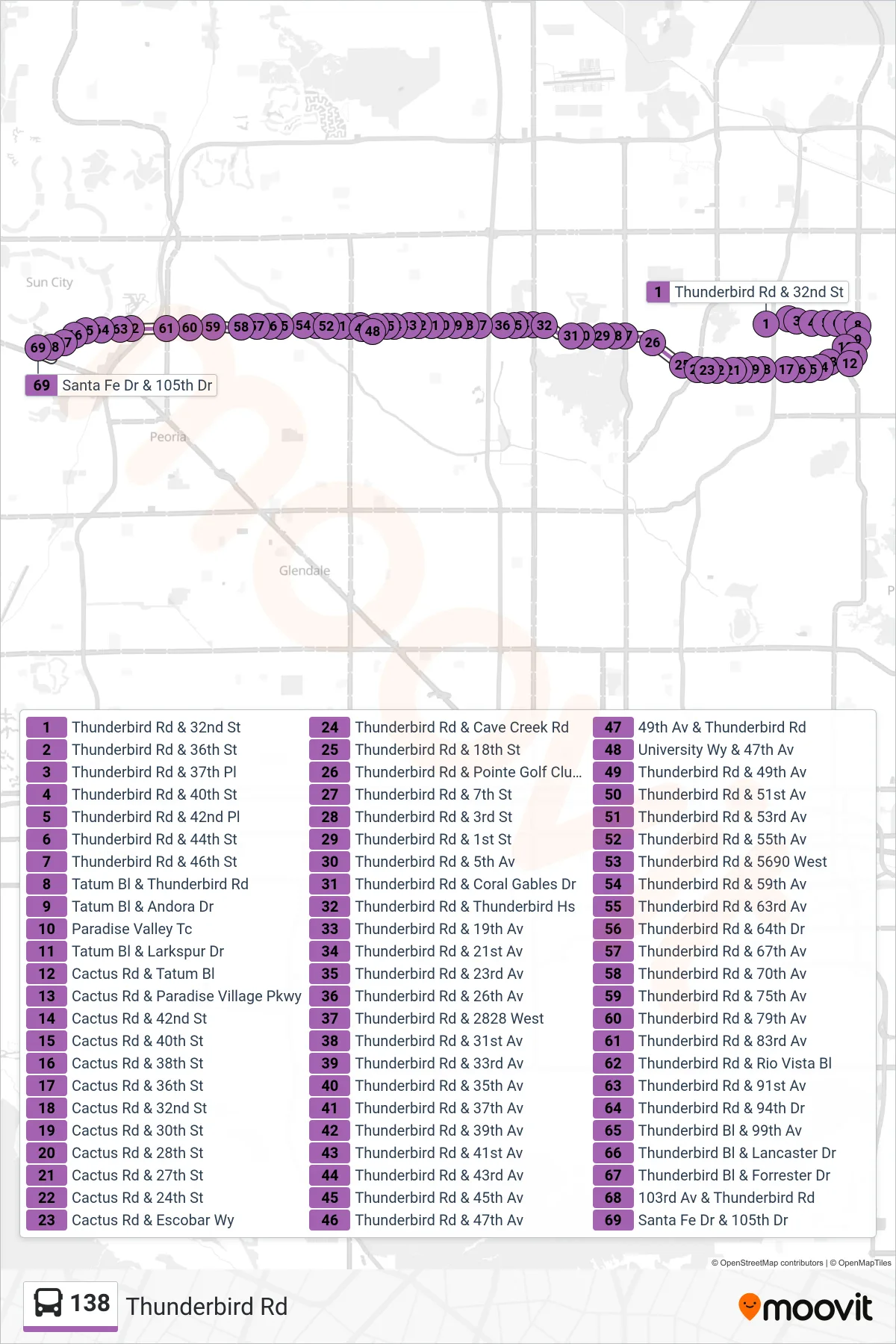 138 bus Line (105th Av+Santa Fe Dr) route and stops on a map