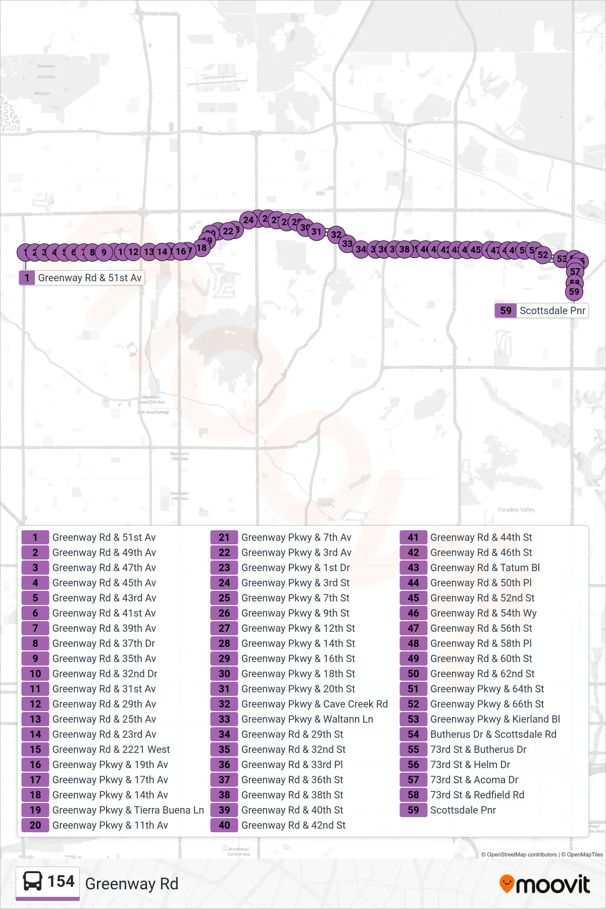 154 bus Line (Scottsdale Pnr) route and stops on a map