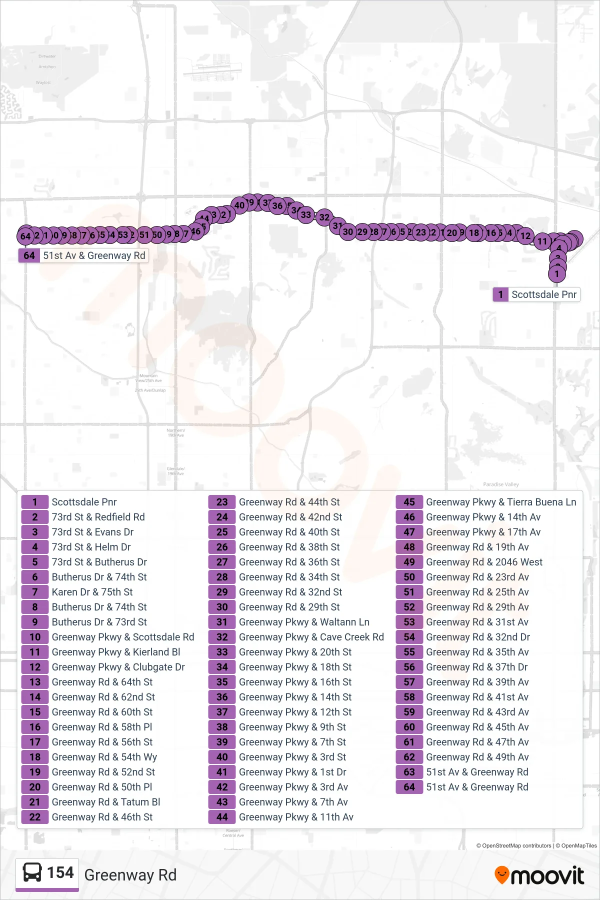 154 bus Line (51st Ave+Greenway) route and stops on a map