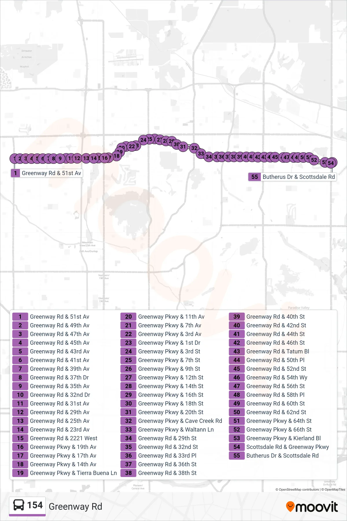 154 bus Line (Scottsdale+Greenwy) route and stops on a map
