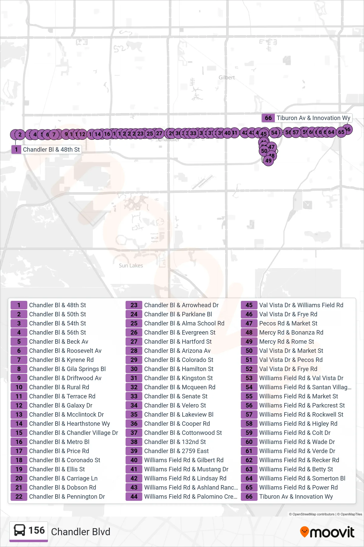 156 bus Line (Asu Polytechnic) route and stops on a map
