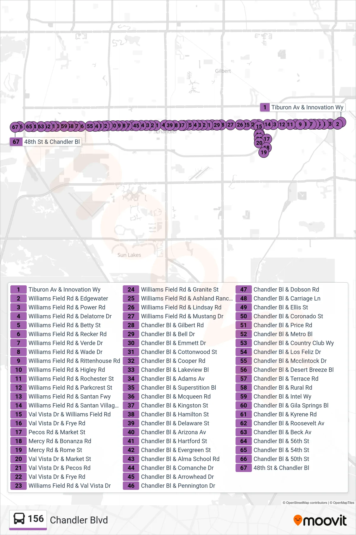 156 bus Line (48th St+Chandler) route and stops on a map