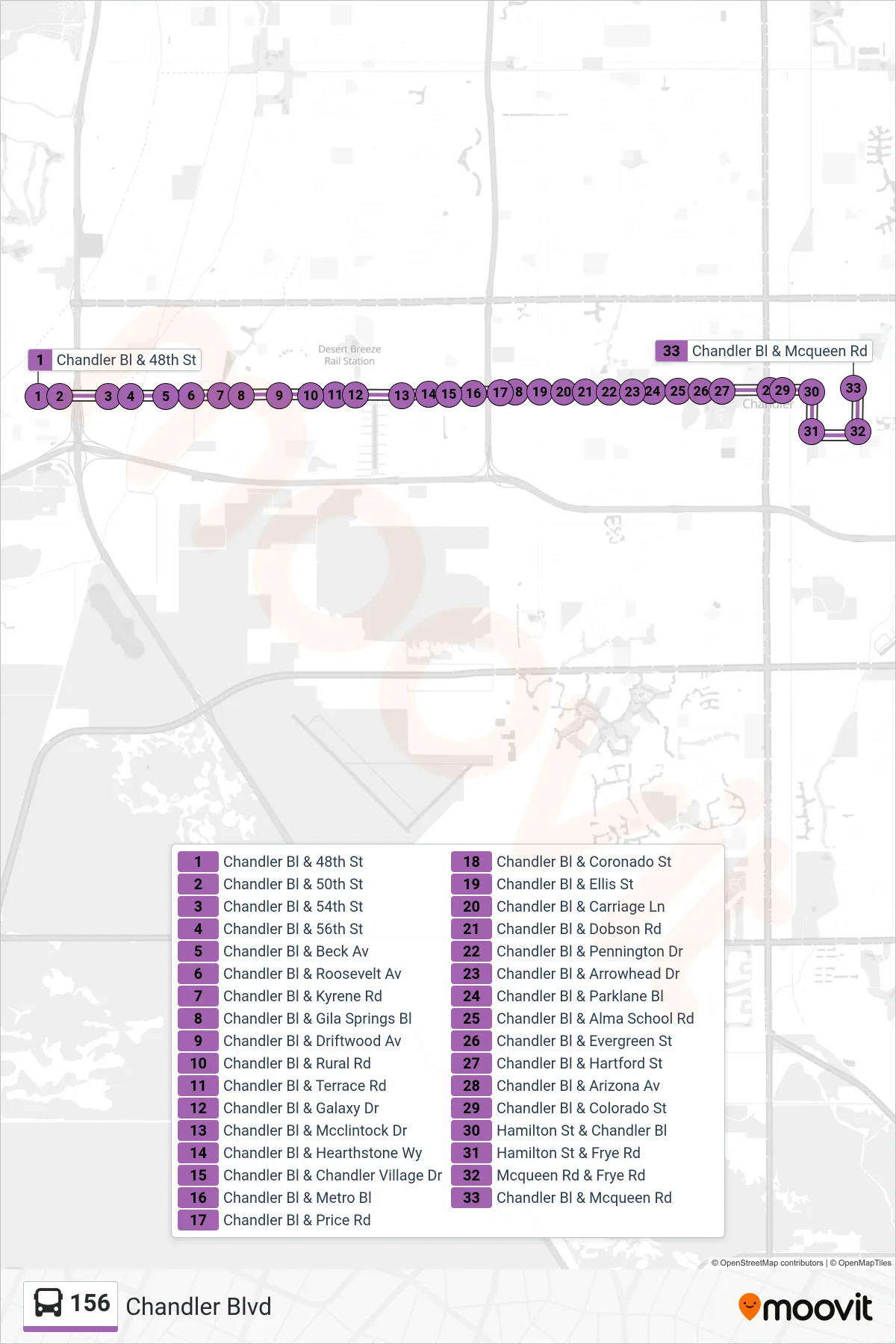 156 bus Line (Mcqueen+Chandler) route and stops on a map