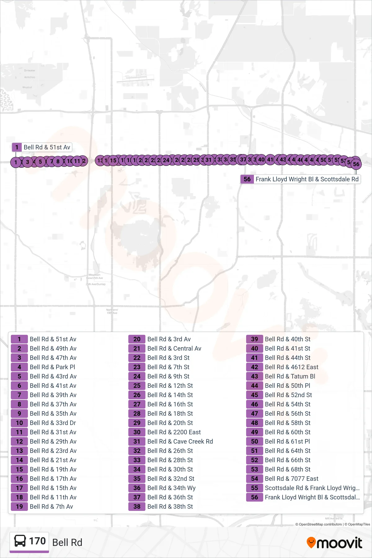 170 bus Line (Scottsdale Rd+Bell) route and stops on a map