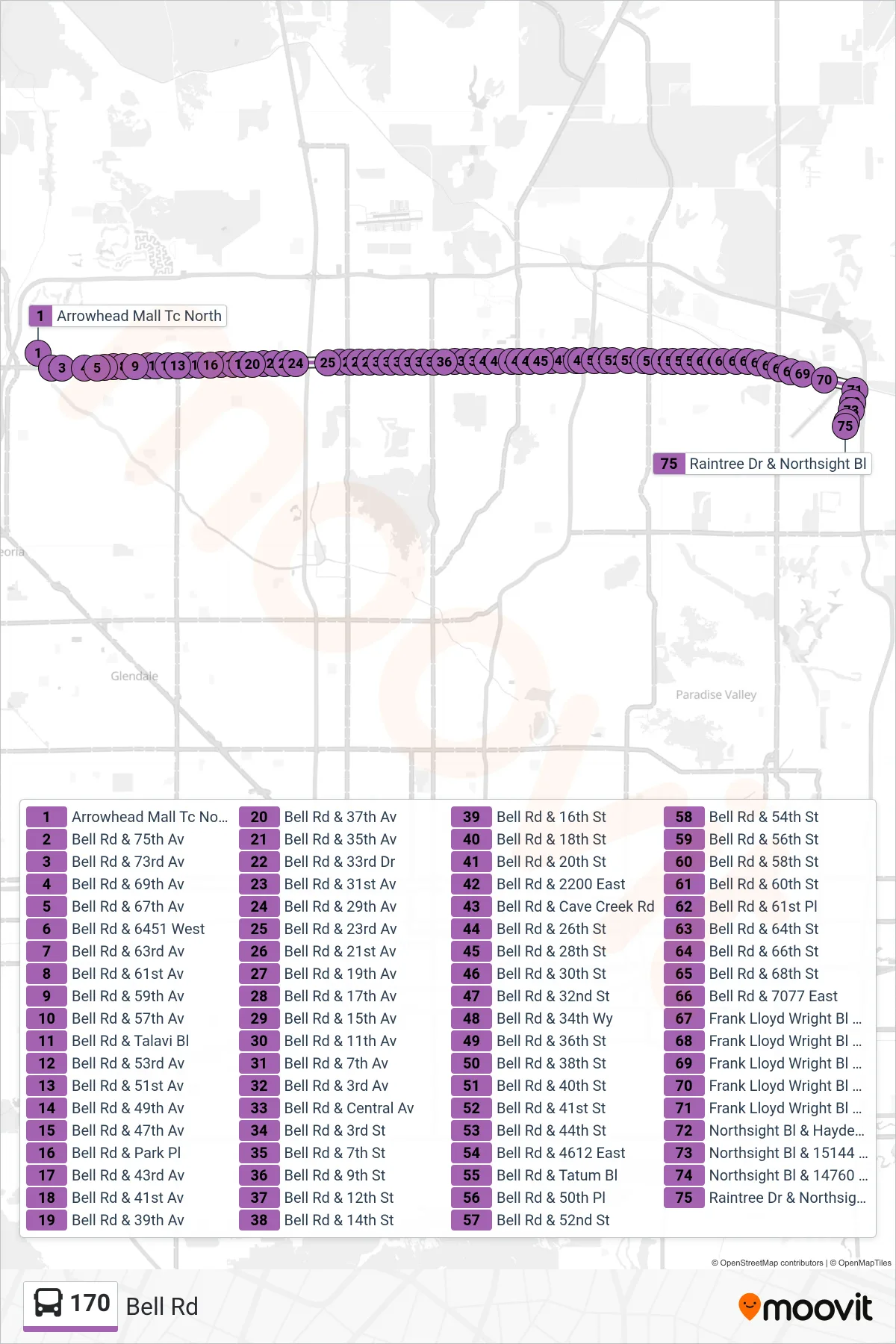 170 bus Line (Northsight+Raintree) route and stops on a map