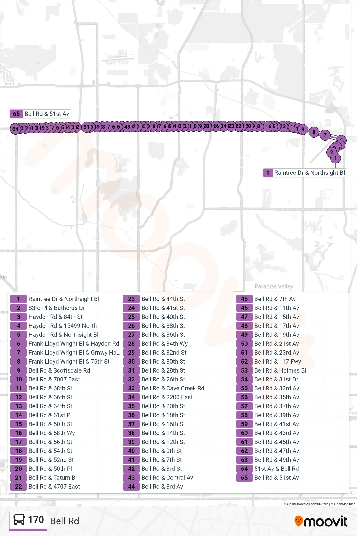170 bus Line (51st Ave+Bell) route and stops on a map