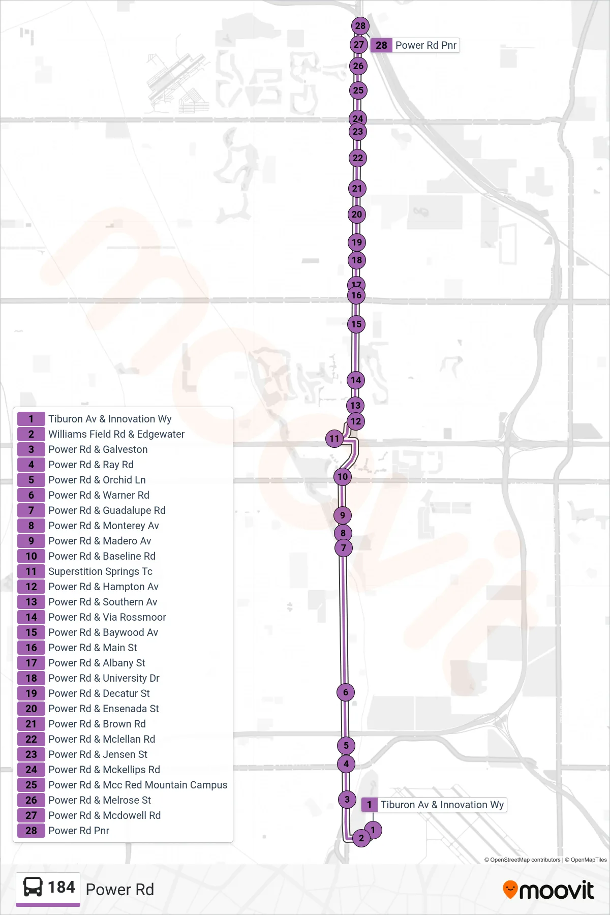 184 bus Line (Power Rd Pnr) route and stops on a map