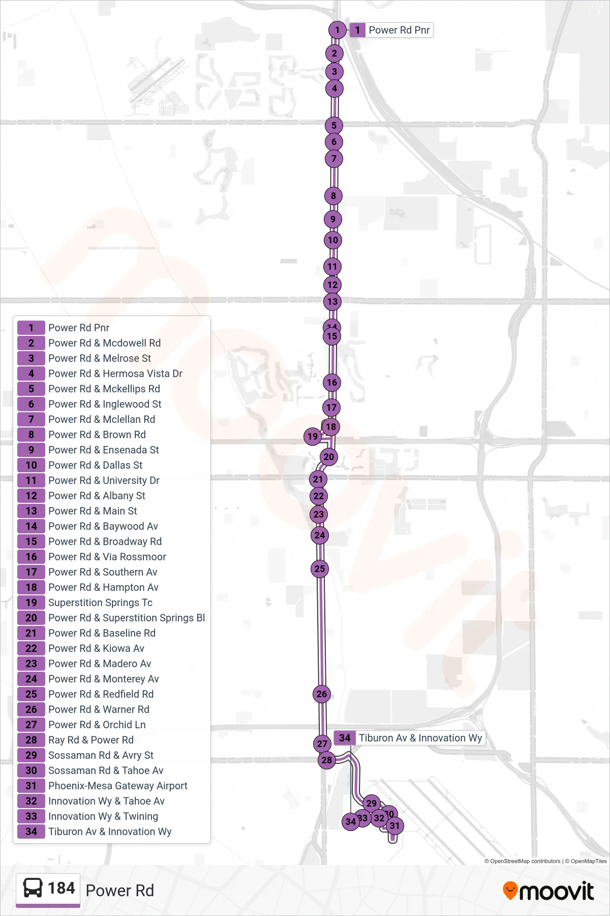184 bus Line (Asu Polytechnic) route and stops on a map