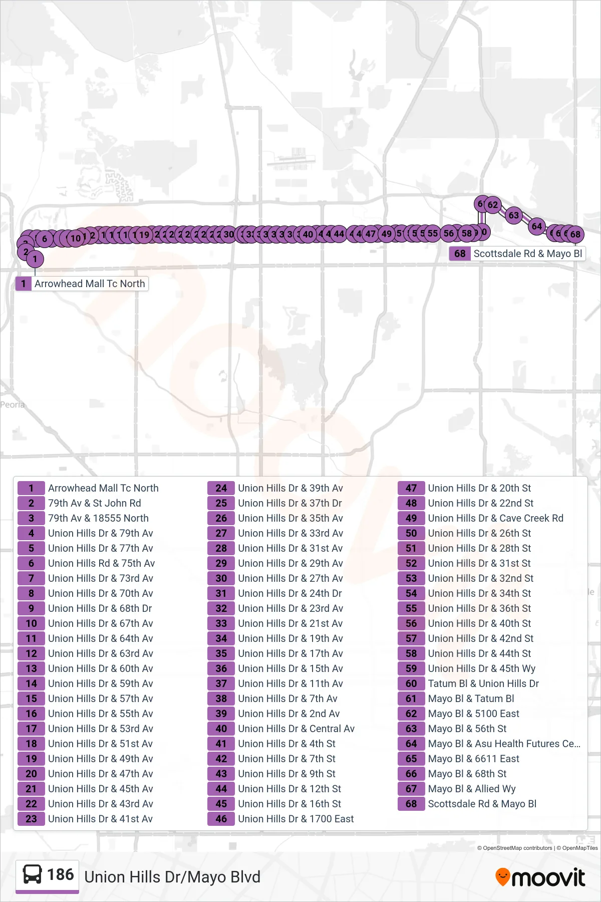 186 bus Line (Scottsdale Rd+Mayo) route and stops on a map