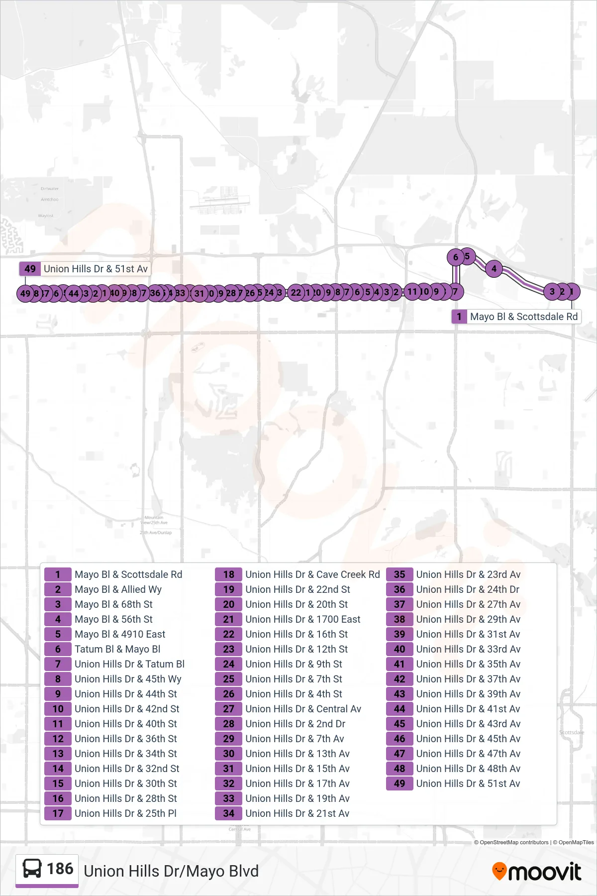 186 bus Line (51st Ave+Union Hills) route and stops on a map