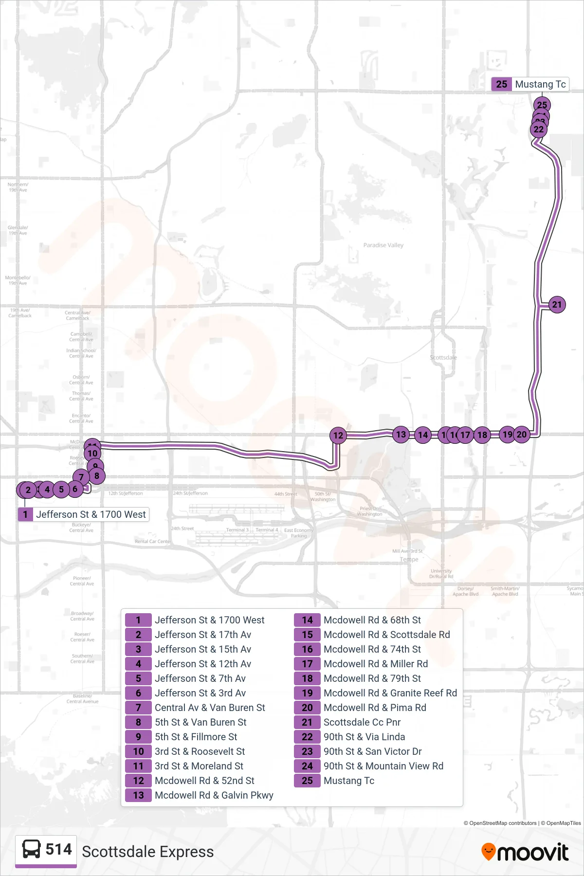 514 bus Line (Mustang Tc) route and stops on a map