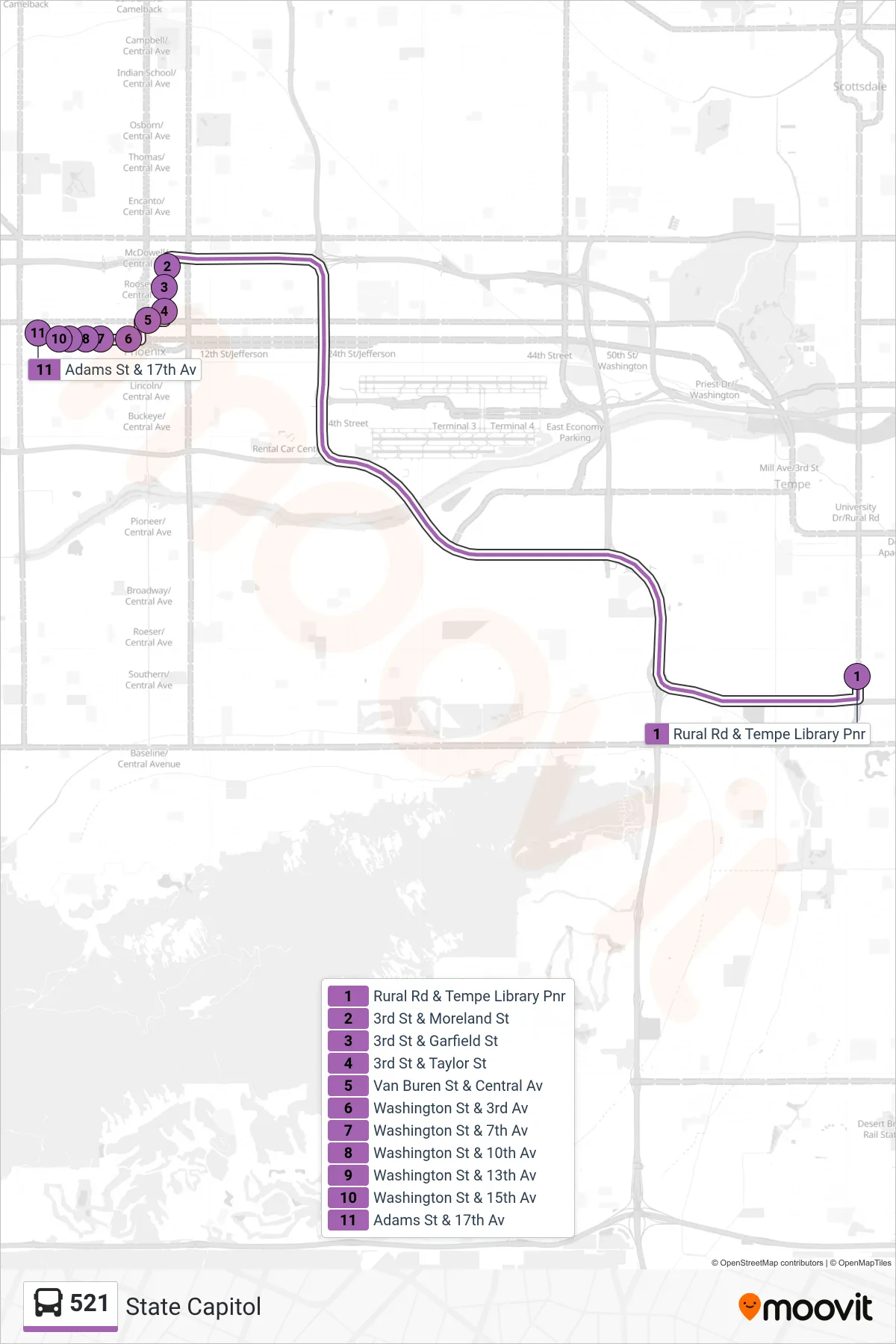 521 bus Line (State Capitol) route and stops on a map